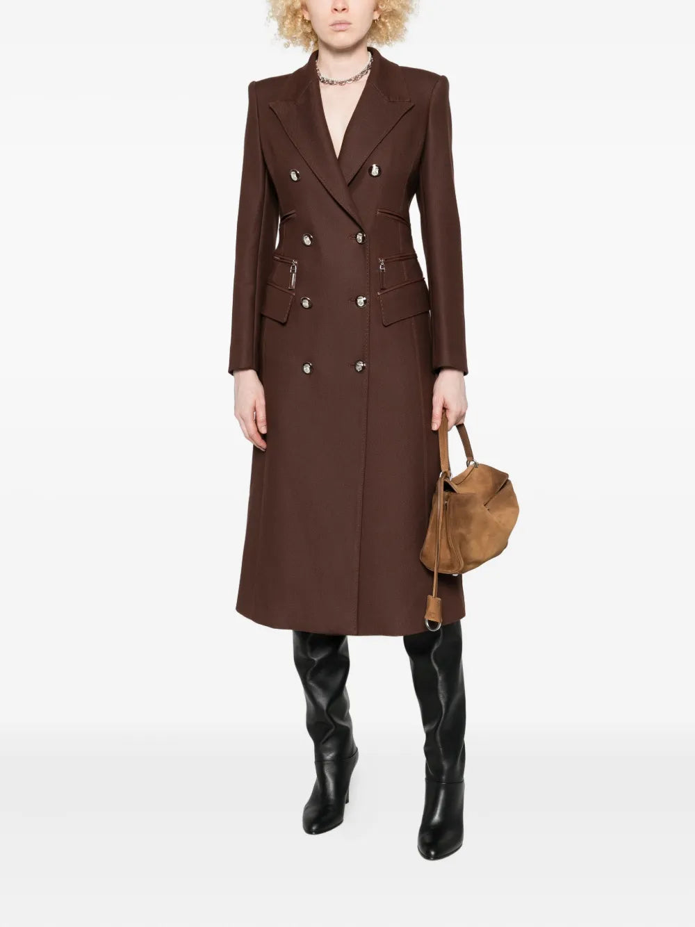 mantel met dubbele rij en lederen inzetstukken