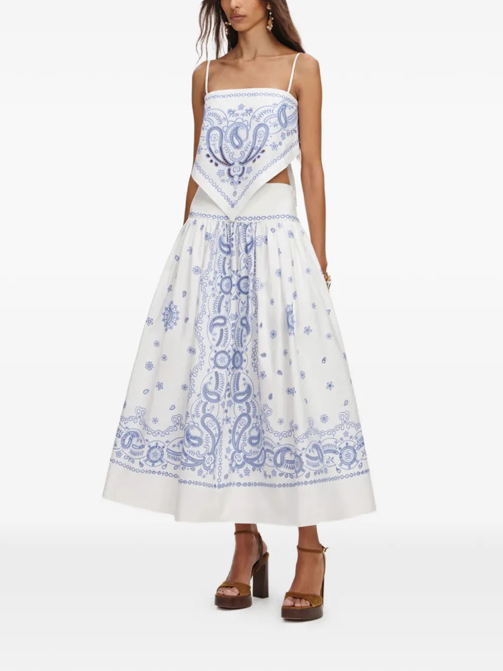 White and Blue Embroidered Midi Skirt