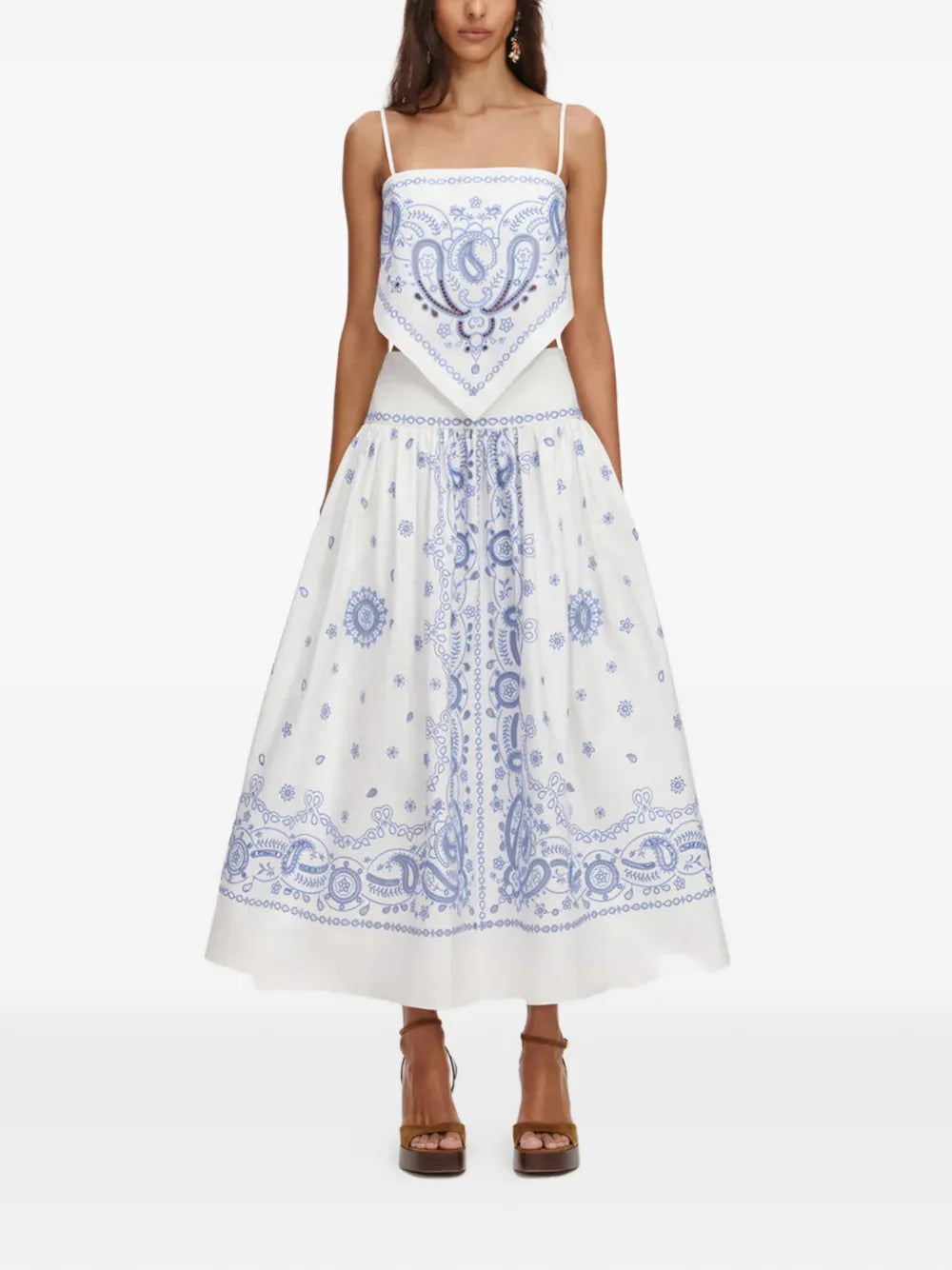 White and Blue Embroidered Midi Skirt