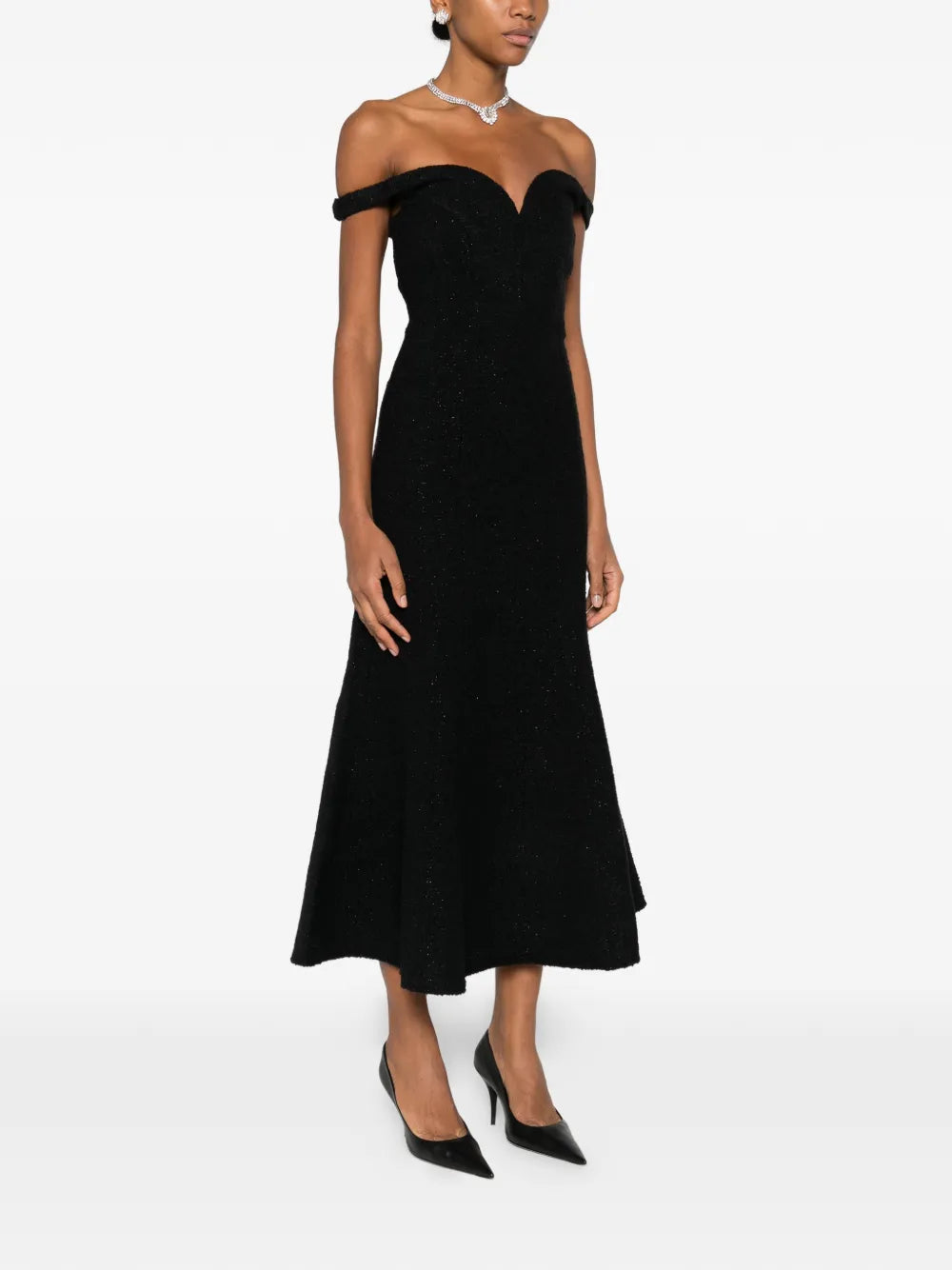 Schoudervrij boucle-midi-jurk