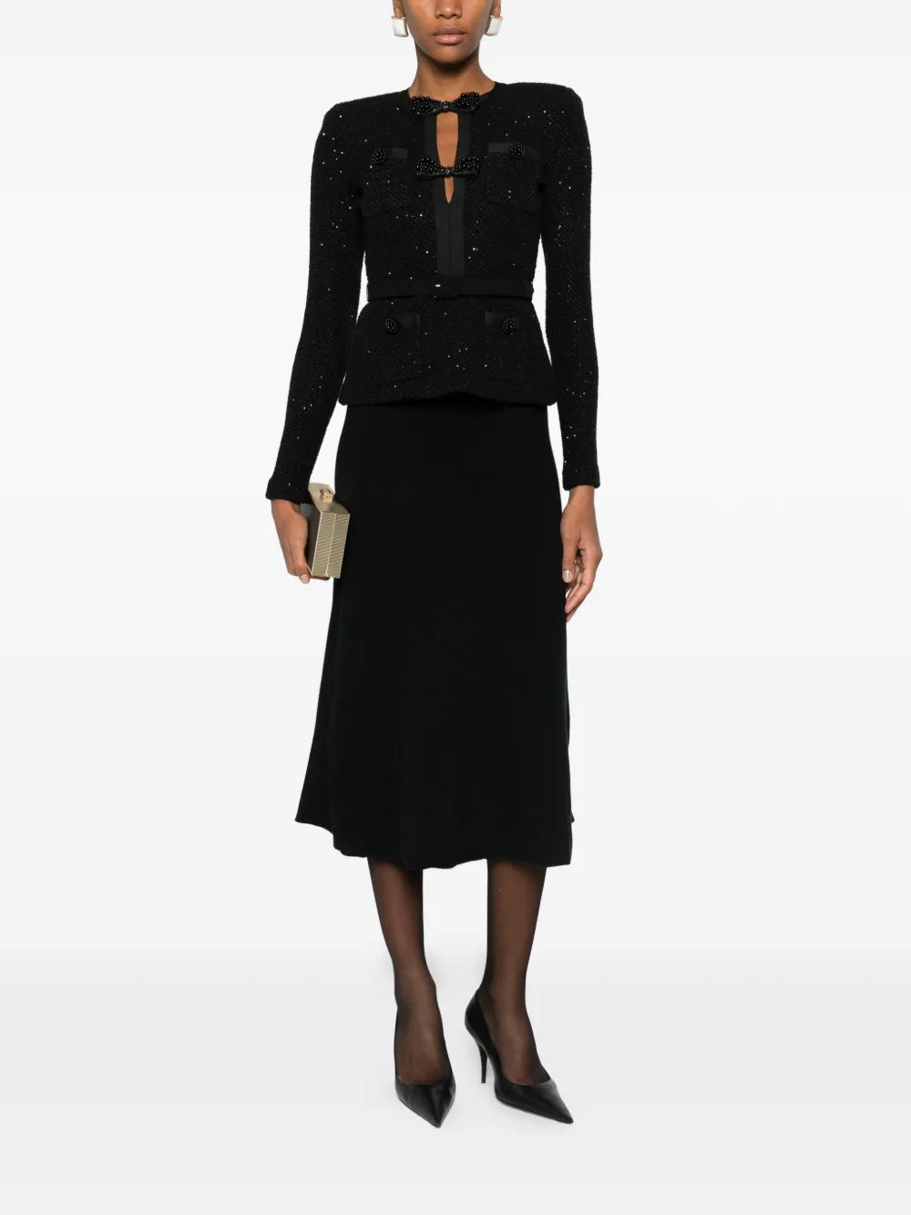 BLACK SEQUIN KNIT TAILORED MIDI DRESS