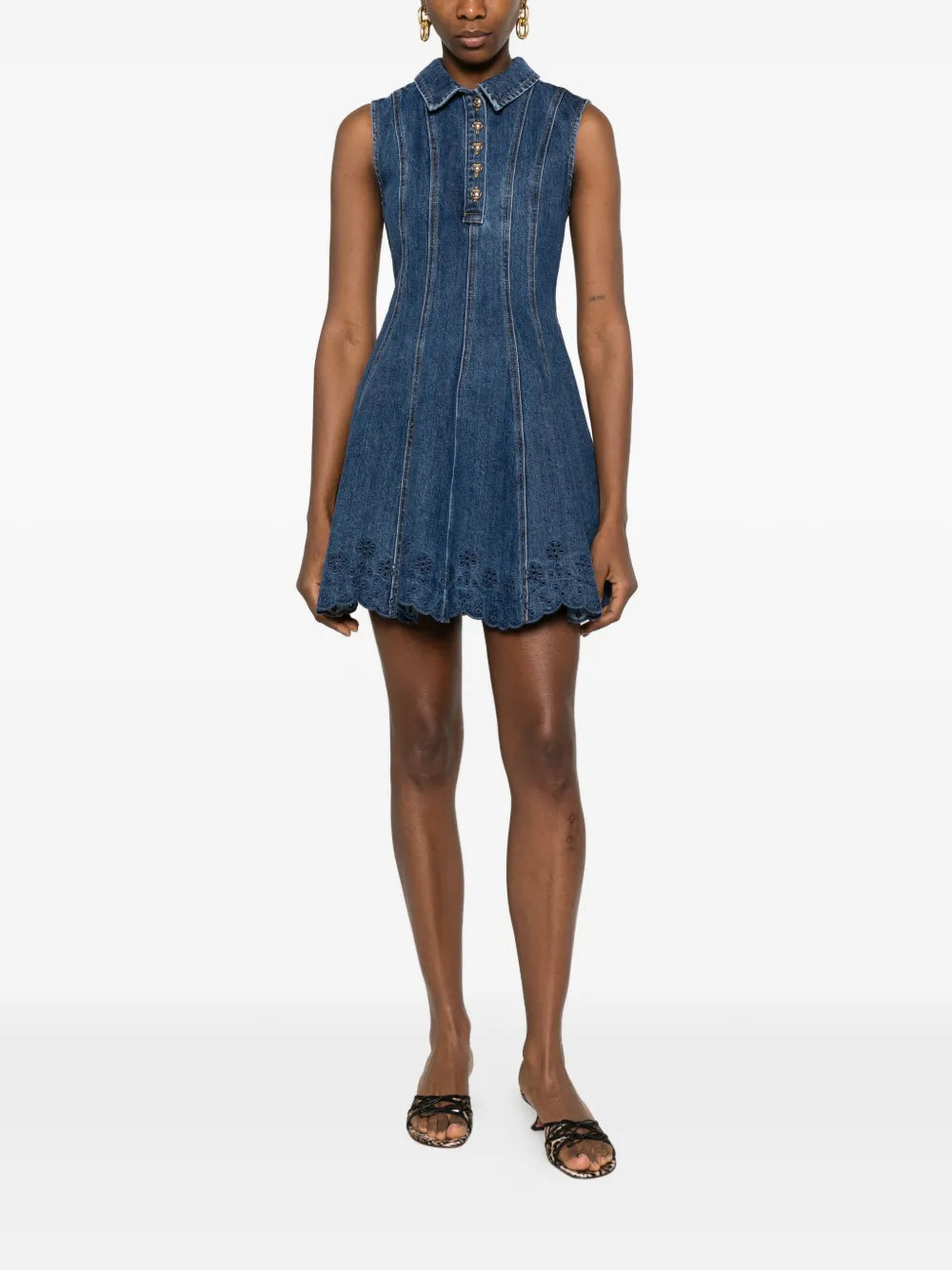 Denim mini dress with eyelet embroidery