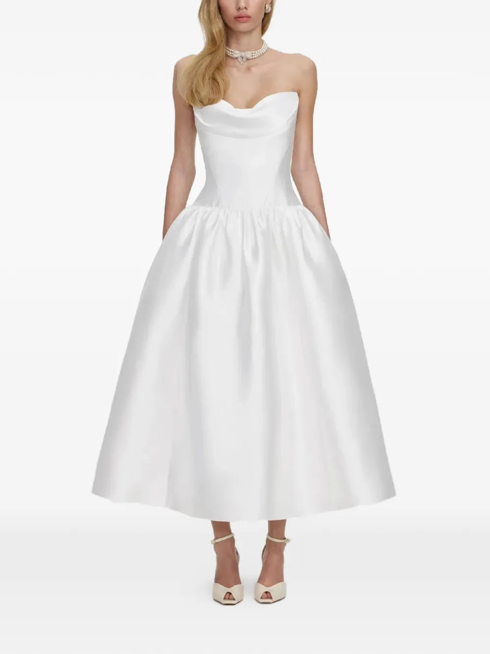 WHITE TAFFETA STRAPLESS MIDI DRESS