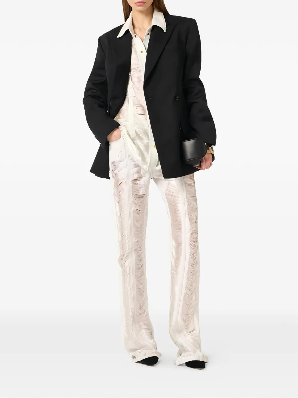 Palazzojeans im Distressed-Look mit Fransen