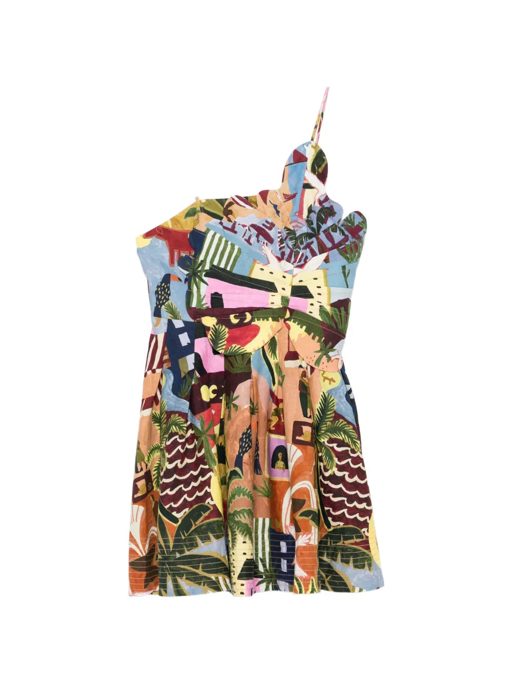 Tropical Painting Dress with Wave Hem