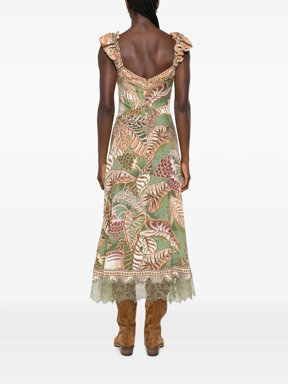 Midi-Kleid mit Rüschen und Blattmuster