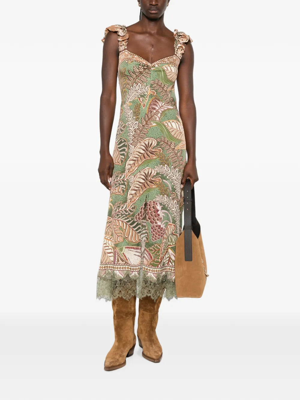 Midi-Kleid mit Rüschen und Blattmuster