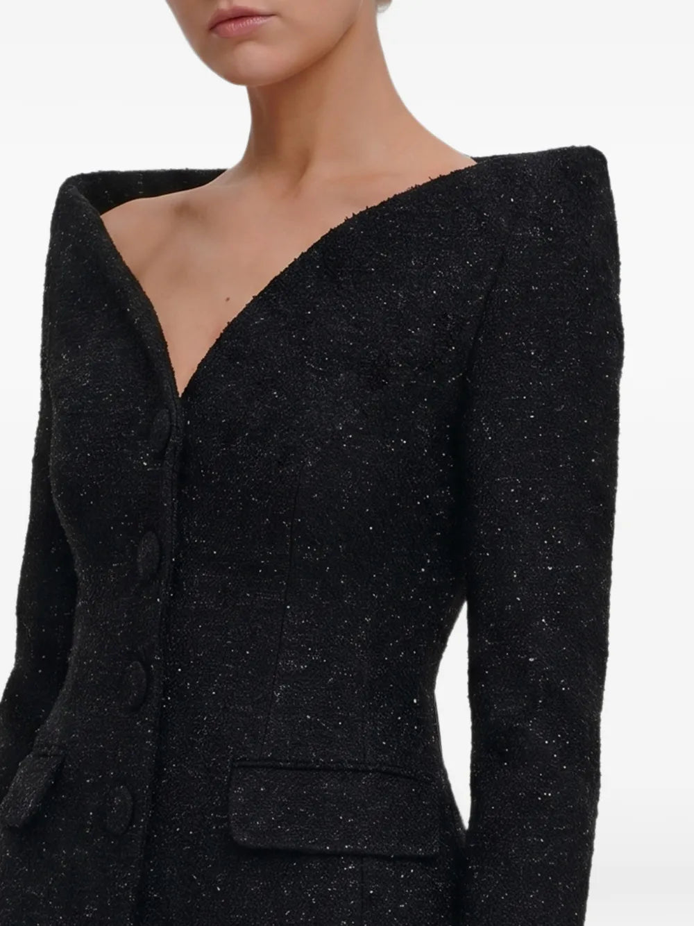 Maxikleid aus schwarzem, metallisch schimmerndem Bouclé-Satin