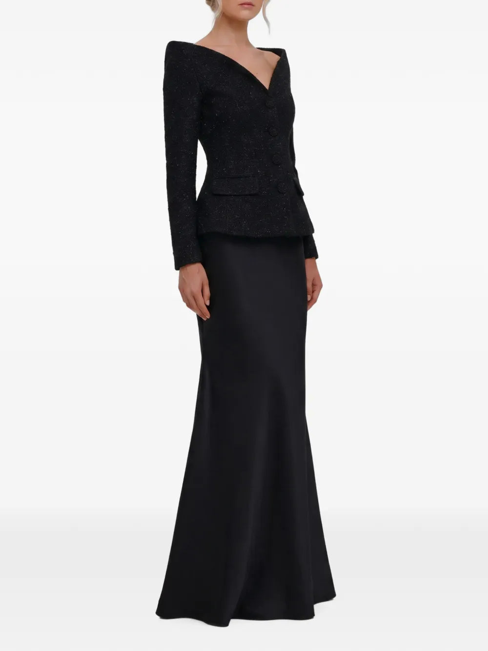 Maxikleid aus schwarzem, metallisch schimmerndem Bouclé-Satin