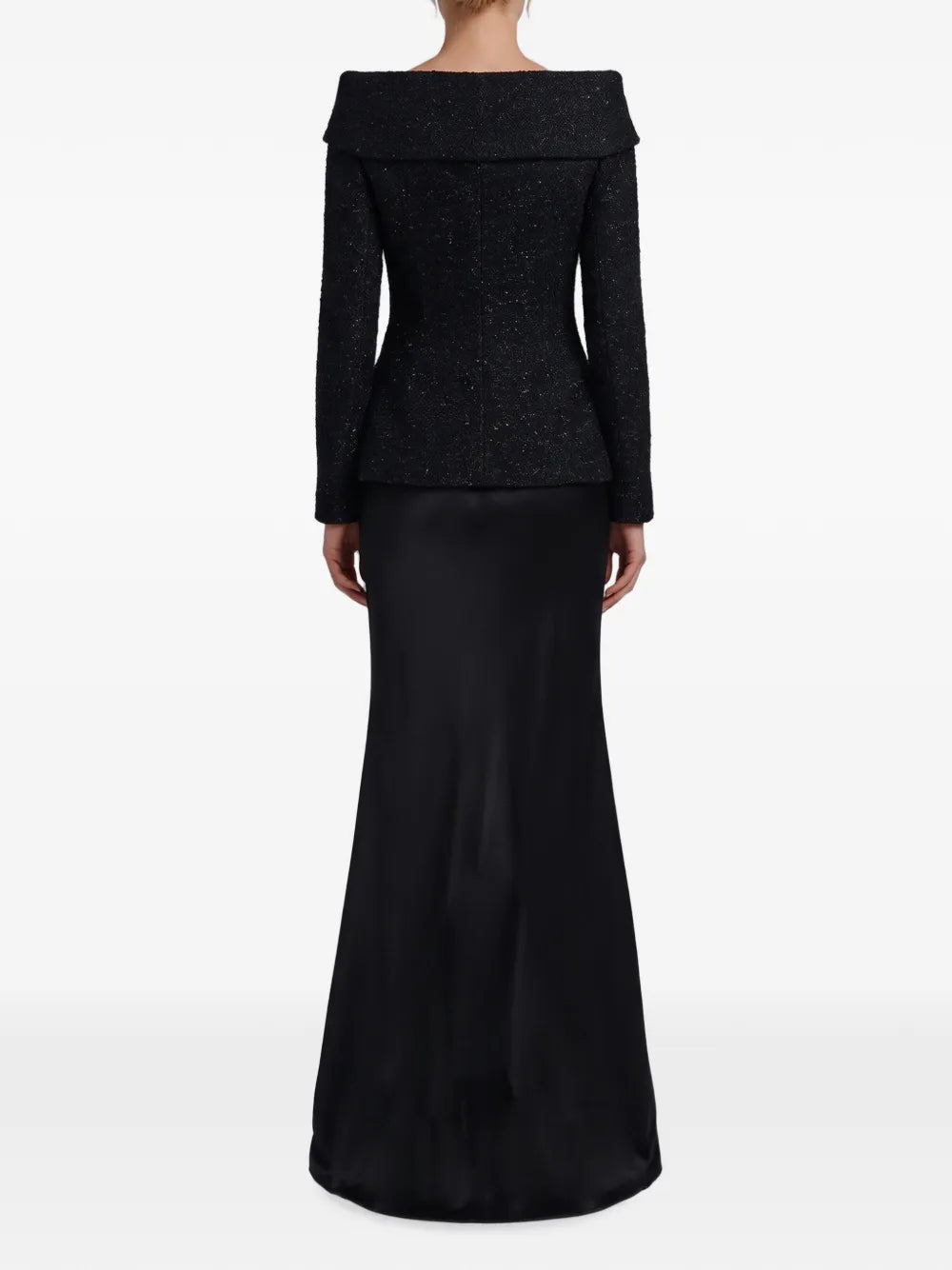 Maxikleid aus schwarzem, metallisch schimmerndem Bouclé-Satin