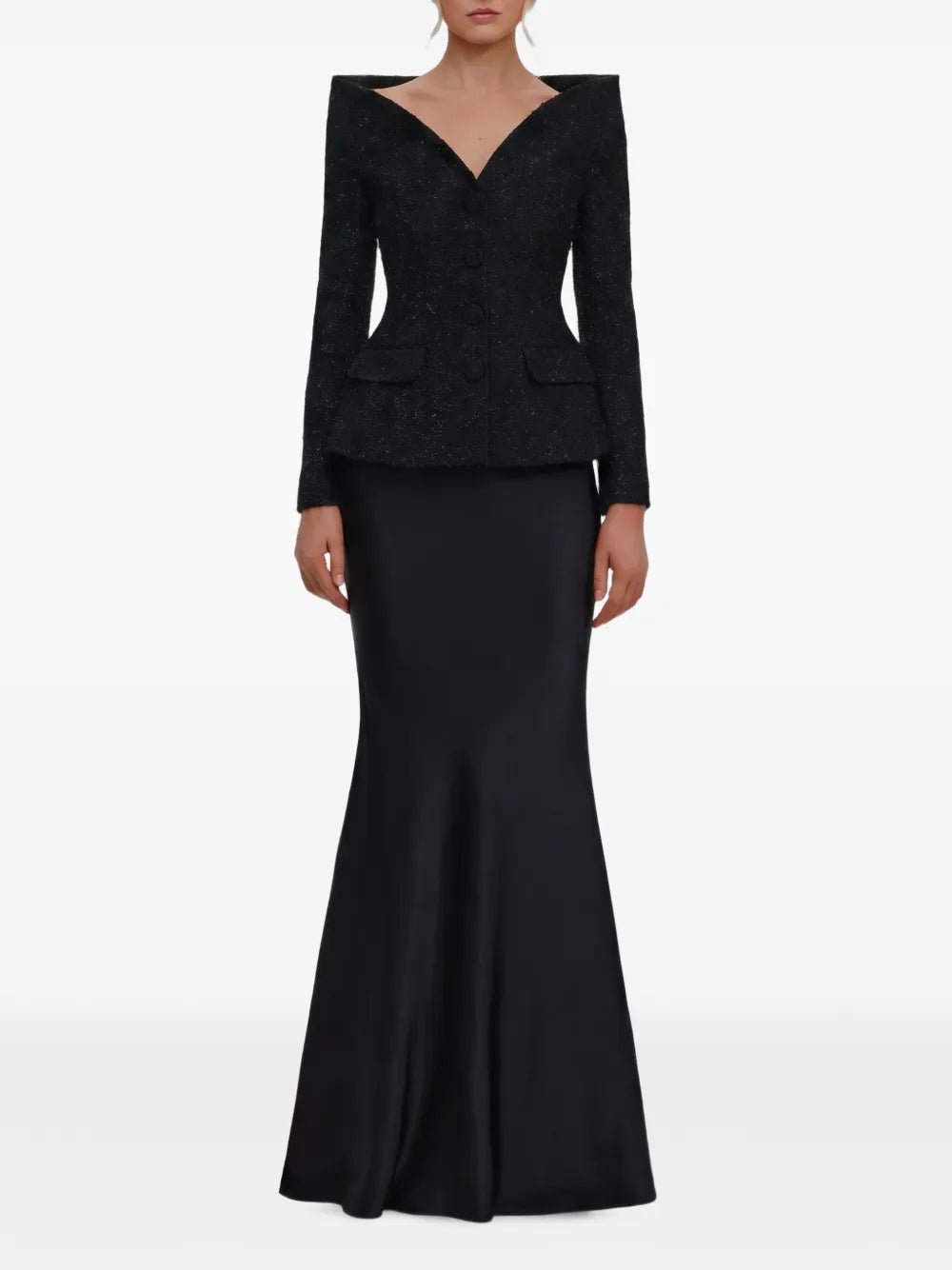 Maxikleid aus schwarzem, metallisch schimmerndem Bouclé-Satin