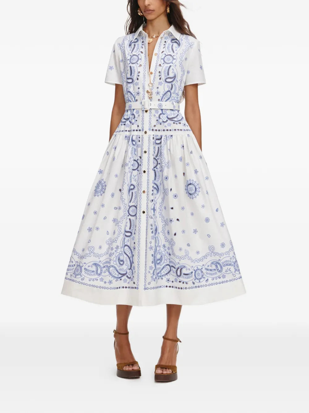 White and Blue Embroidered Midi Dress