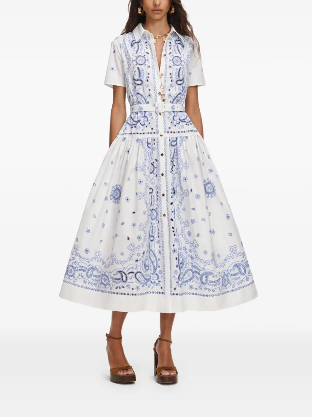 White and Blue Embroidered Midi Dress