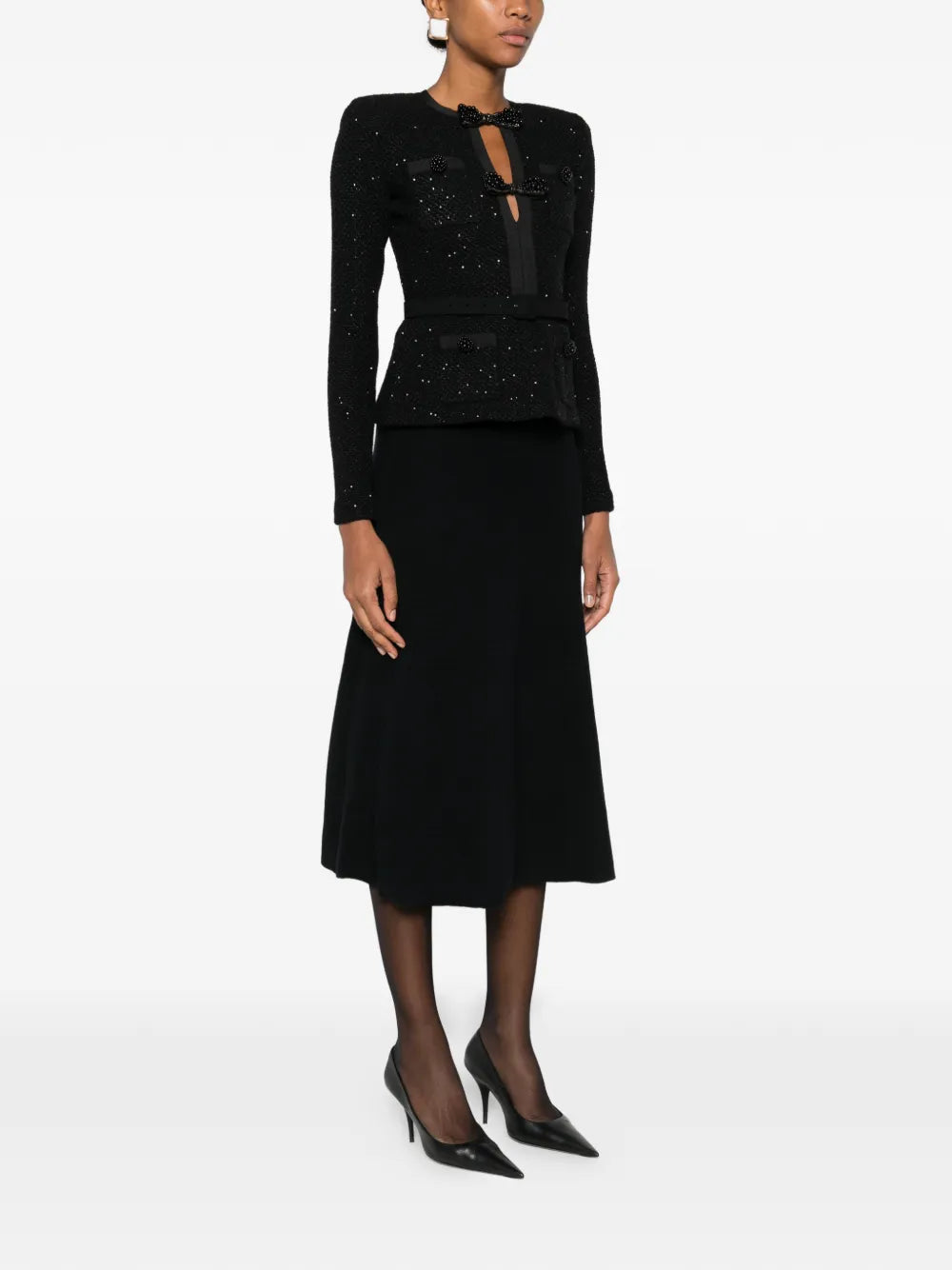 BLACK SEQUIN KNIT TAILORED MIDI DRESS