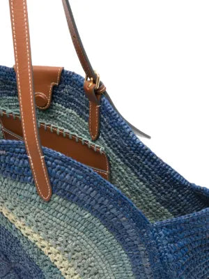 Runder tote bag van raffia met strik
