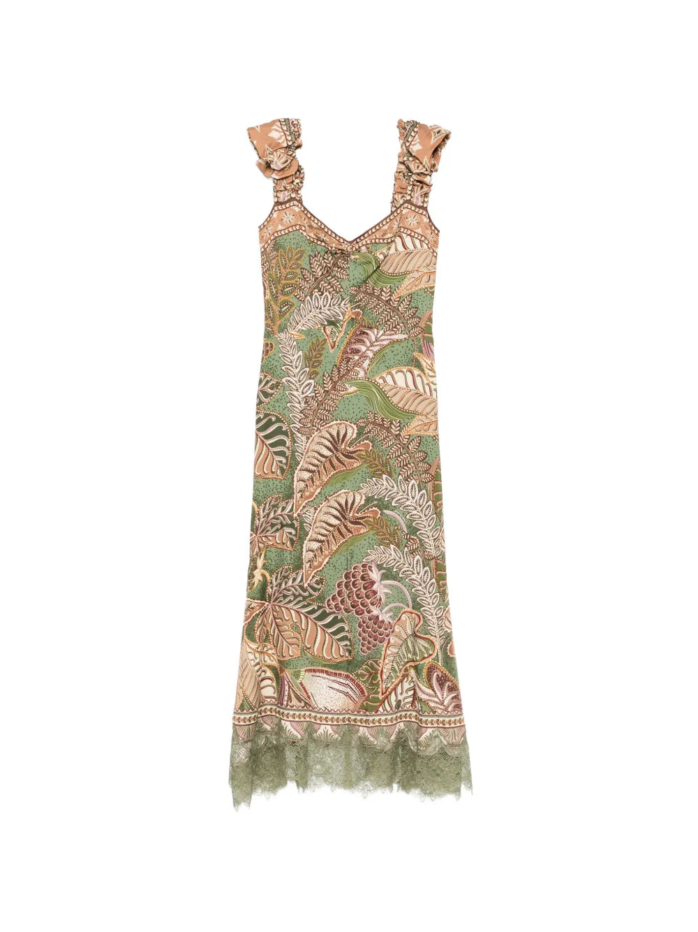 Midi-Kleid mit Rüschen und Blattmuster