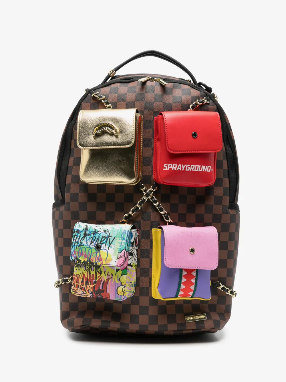 Karierter Rucksack mit Kette und 4 bunten Klappentaschen